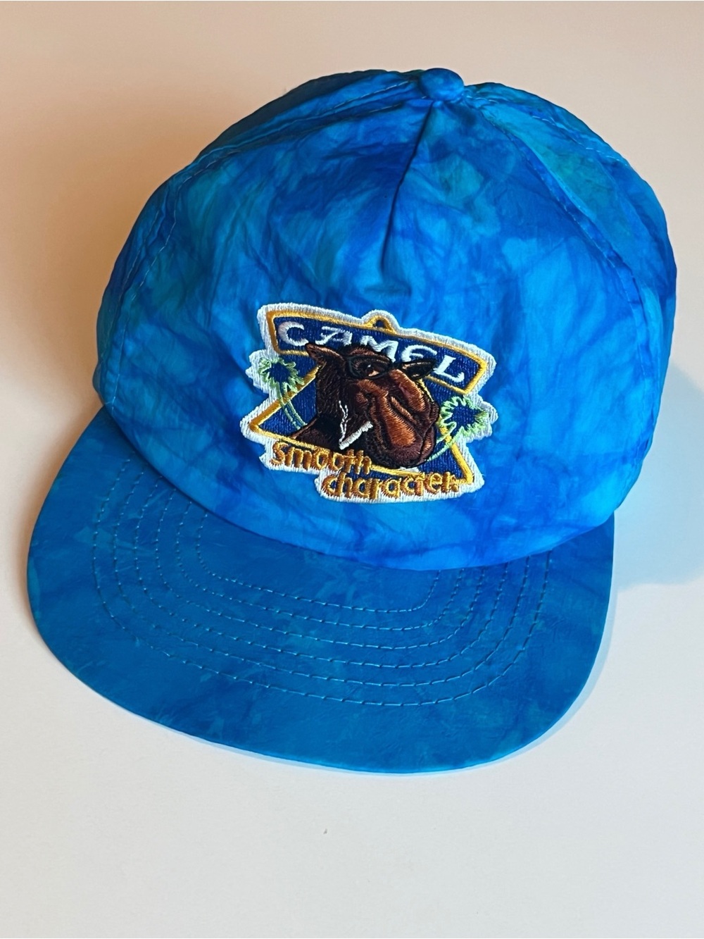 Vintage Joe Camel Smooth Character Blue Tie Dye Nylon Snapback Hat Embroidered